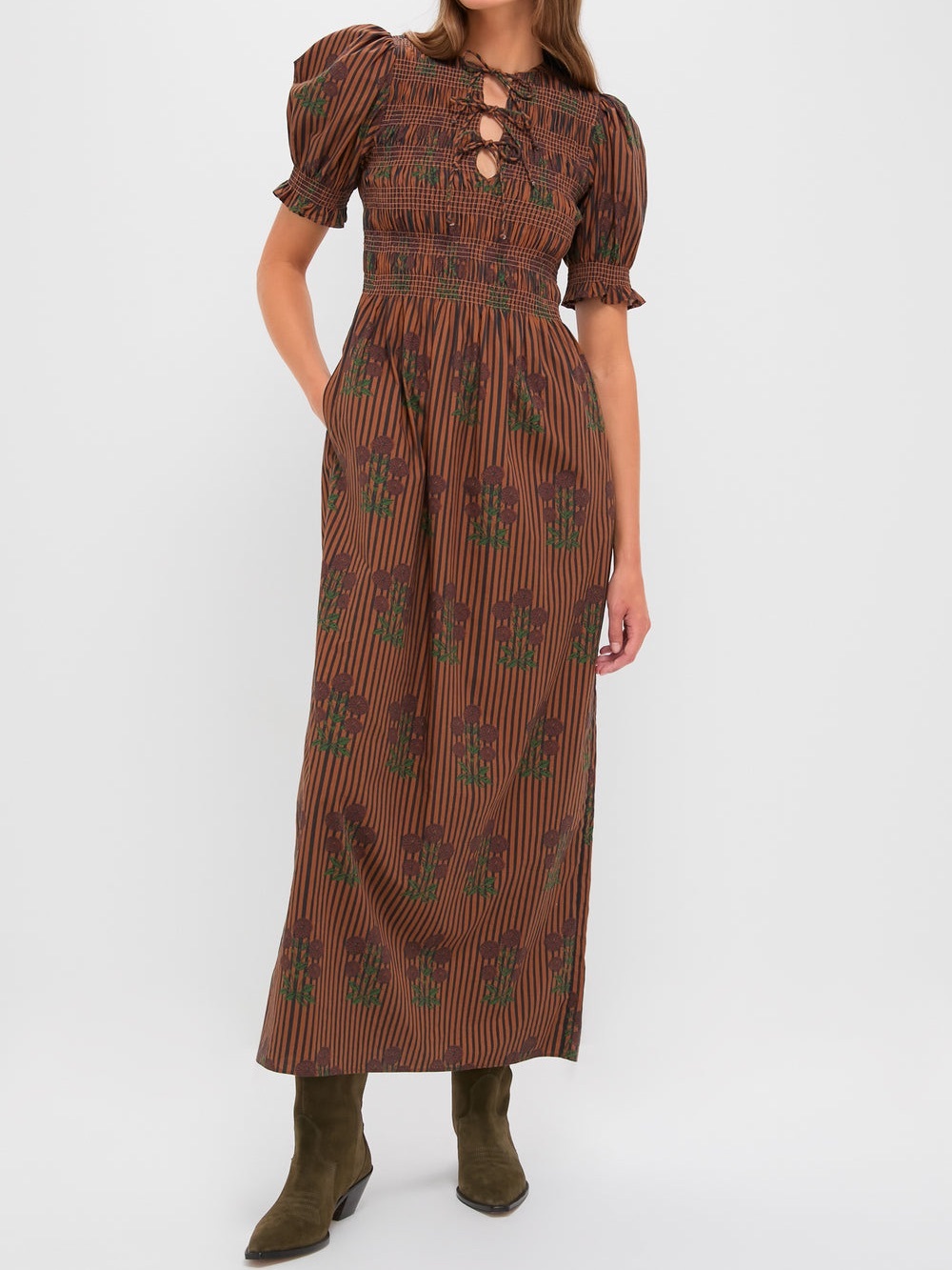 Saylor Multi Maribel Maxi Dress - Brown Floral + Stripes - Size Extra Small XS